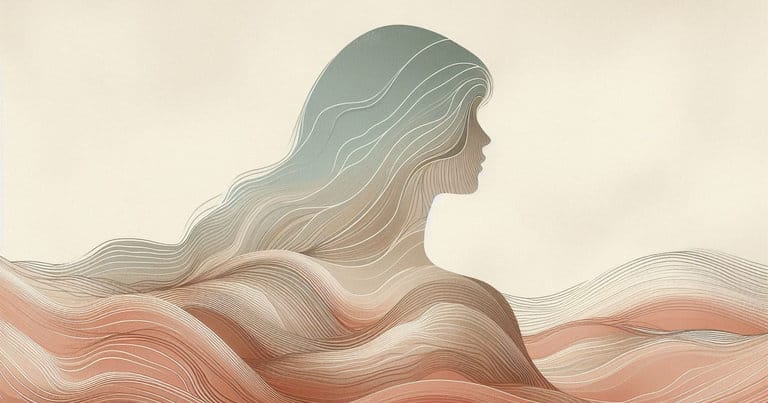 Artistic capture of a female profile blending with organic waves in warm earth tones showing body fluids.