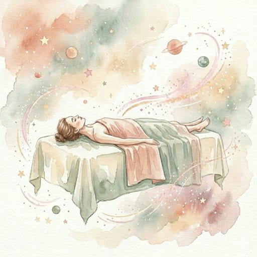 Watercolor depiction of a woman on a massage table in space with pastel energy waves.
