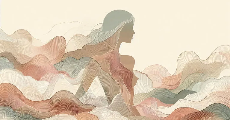 Minimalist profile of a woman with flowing linear hair blending into rolling multi-colored mountains.