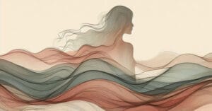 An artistic illustration of a female profile silhouette mixed with organic flowing energy waves in warm earthy colors.