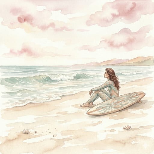 Watercolor illustration of a woman sitting peacefully on the beach with her surfboard, looking out at gentle ocean waves.