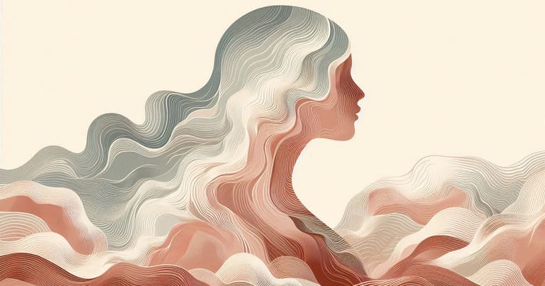 Artistic rendering of a female profile with warm earth-toned wave lines evoking the four phases of sexual response research