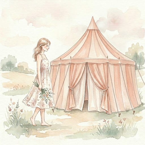 Watercolor drawing of a girl with wildflowers next to a large striped tent.
