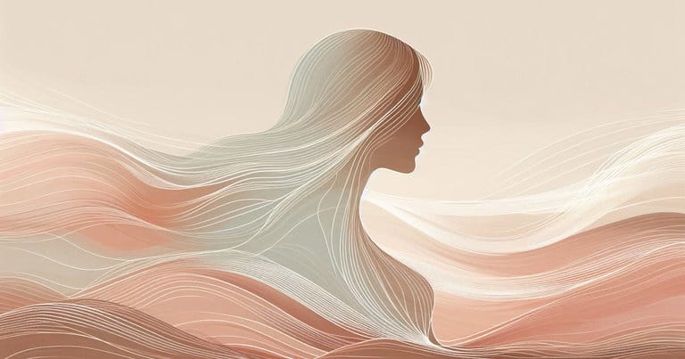 Artistic depiction of a female profile with warm earth-toned organic waves evoking the four hormonal phases of the menstrual cycle
