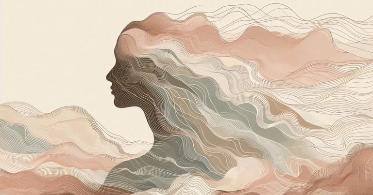 Warm earth-toned picture of a woman's profile with rising wave lines evoking energy flow from pelvis to heart