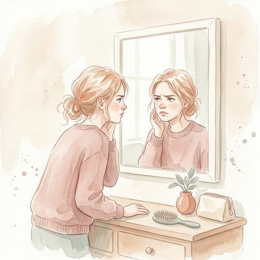 Watercolor: A woman unhappily examining her reflection in a framed vanity mirror.
