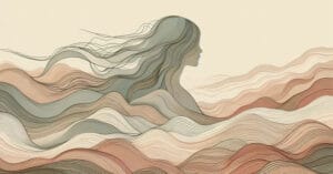 Soft earth-toned illustration of a female profile with gentle organic waves, depicting the body releasing the weight of self-judgment.