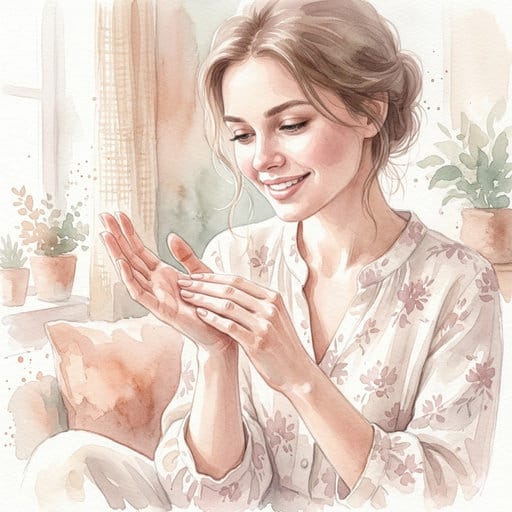Watercolor of smiling woman gently touching her palm in sunlit room with potted plants.
