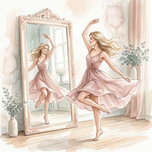 Joyful watercolor of a blonde woman in a flowing pink dress dancing by a mirror.