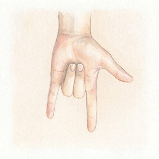 Watercolor of a hand with index and pinky straight, middle and ring hooked towards the palm.