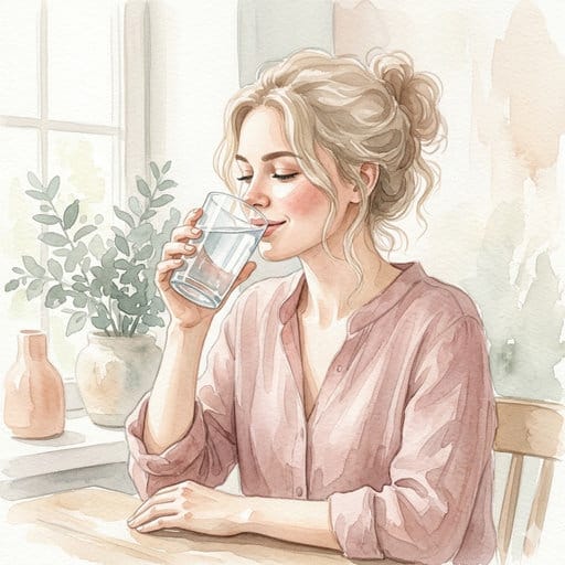 Serene watercolor portrait of a woman drinking water near a window, soft pastel hues.