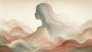 Artistic depiction of a female profile silhouette with organic wave lines in warm earth tones evoking fluid release and somatic body response