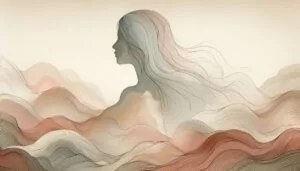 Artistic depiction of a female profile silhouette with organic wave lines in warm earth tones evoking fluid release and somatic body response
