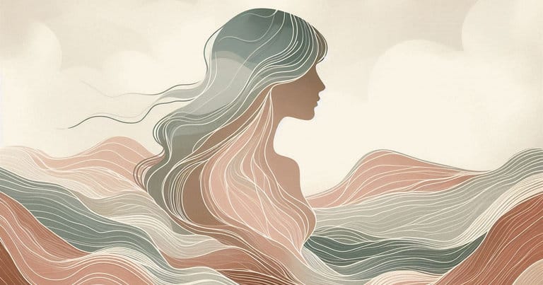Artistic depiction of a female profile with warm earth-toned wave lines evoking the somatic bodywork tradition that brought yoni massage to the West