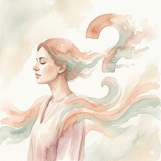 A watercolor portrait of a woman in profile with closed eyes, emitting soft waves and an dissolving question mark.