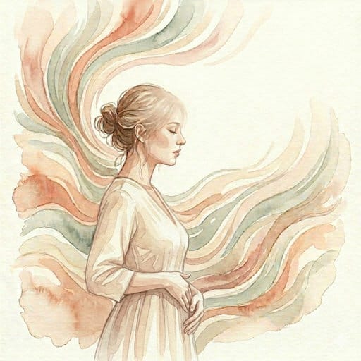 Watercolor profile of a peaceful woman with a bun, wearing a cream tunic, amidst flowing pastel energy waves.