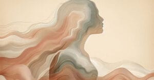 Artistic depiction of a female profile with warm earth-toned waves evoking pelvic tension release through somatic touch