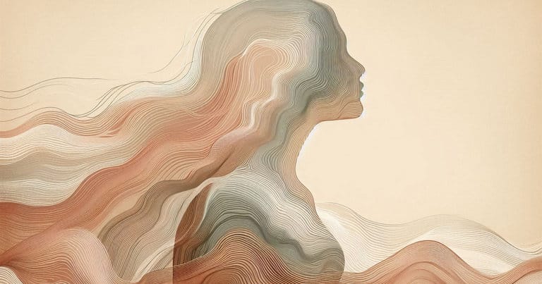 Artistic depiction of a female profile with warm earth-toned waves evoking pelvic tension release through somatic touch