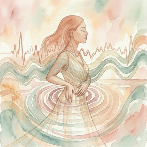 Watercolor illustration of a woman in profile with eyes closed, integrated into a field of flowing waves and an ECG heart rhythm line.