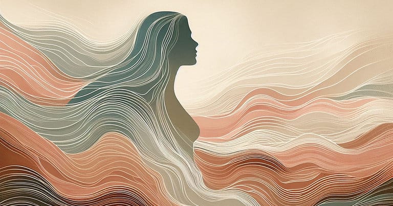 Soft artistic depiction of a female profile with warm earth-toned wave lines evoking the many paths of somatic pleasure and orgasmic response