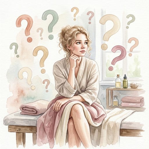 Watercolor of a pensive woman in a spa, surrounded by colorful question marks.
