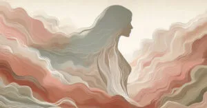 Soft watercolor picture of a female profile silhouette with warm earth-toned organic waves evoking layers of inner sensation and somatic experience