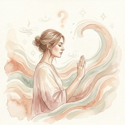 Watercolor depiction of a woman in profile with a raised hand "stop" gesture amid soft, flowing energy waves.