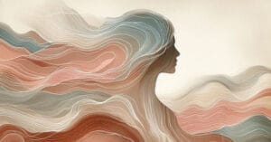 Soft watercolor depiction of a female profile with warm earth-toned wave lines evoking the tension between performance and genuine somatic presence