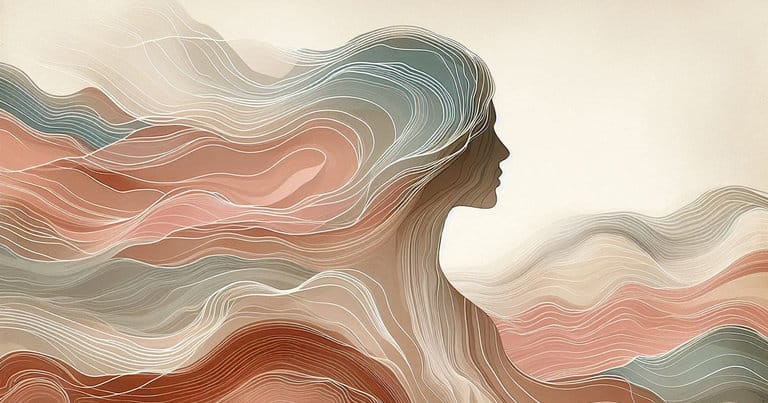 Soft watercolor depiction of a female profile with warm earth-toned wave lines evoking the tension between performance and genuine somatic presence